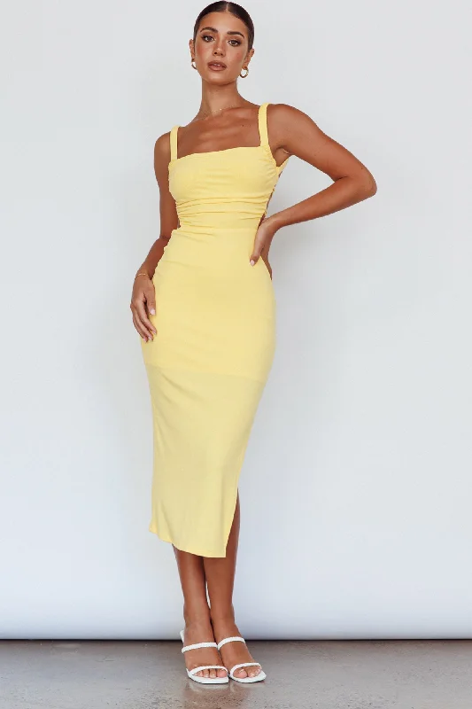 Dream Crush Lace-Up Back Side Split Midi Dress Lemon