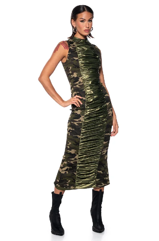 NOW YOU SEE ME RUCHED CAMO MIDI DRESS